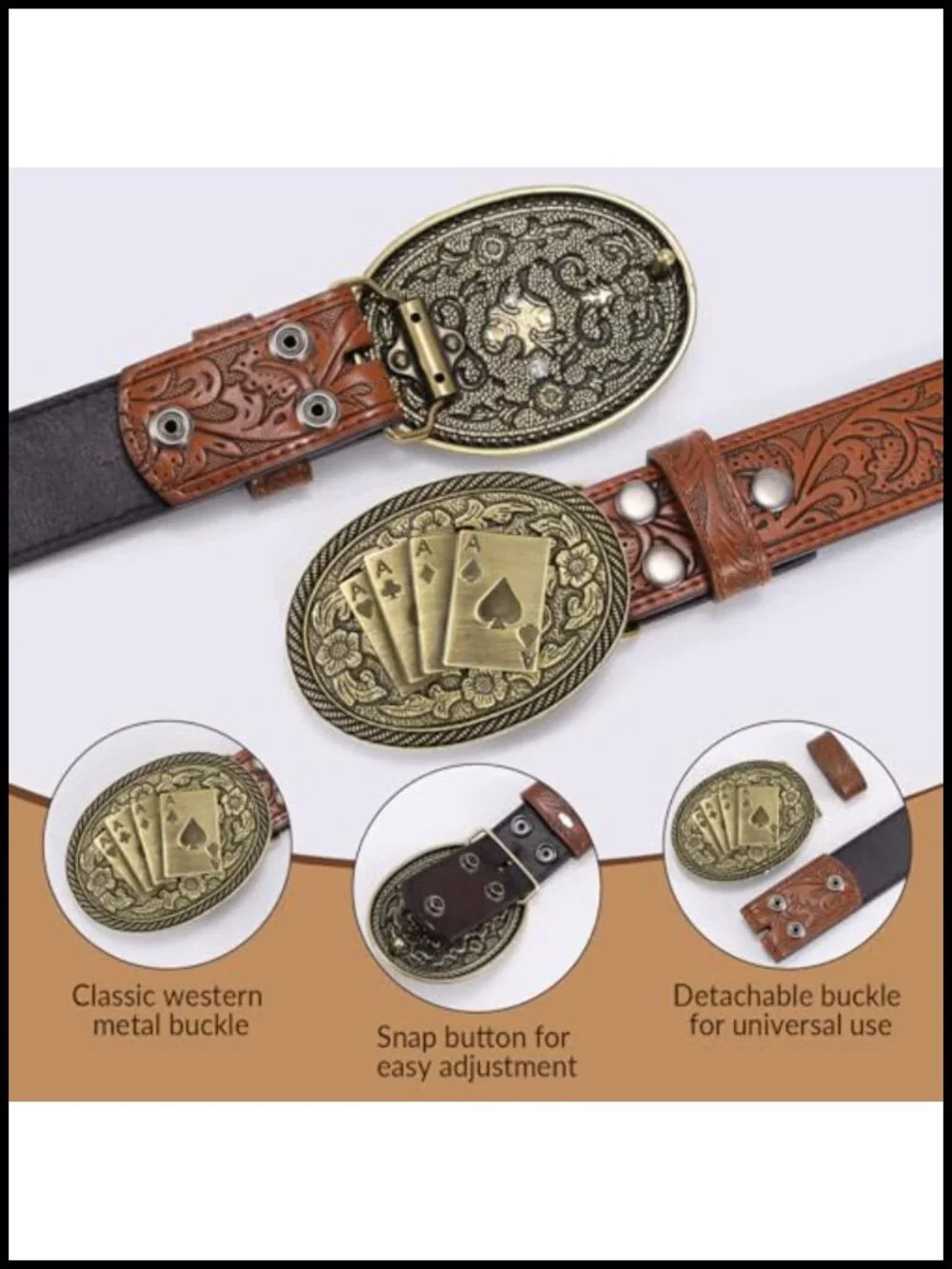 Western Cowboy Leather Belt with Longhorn Poker Buckle